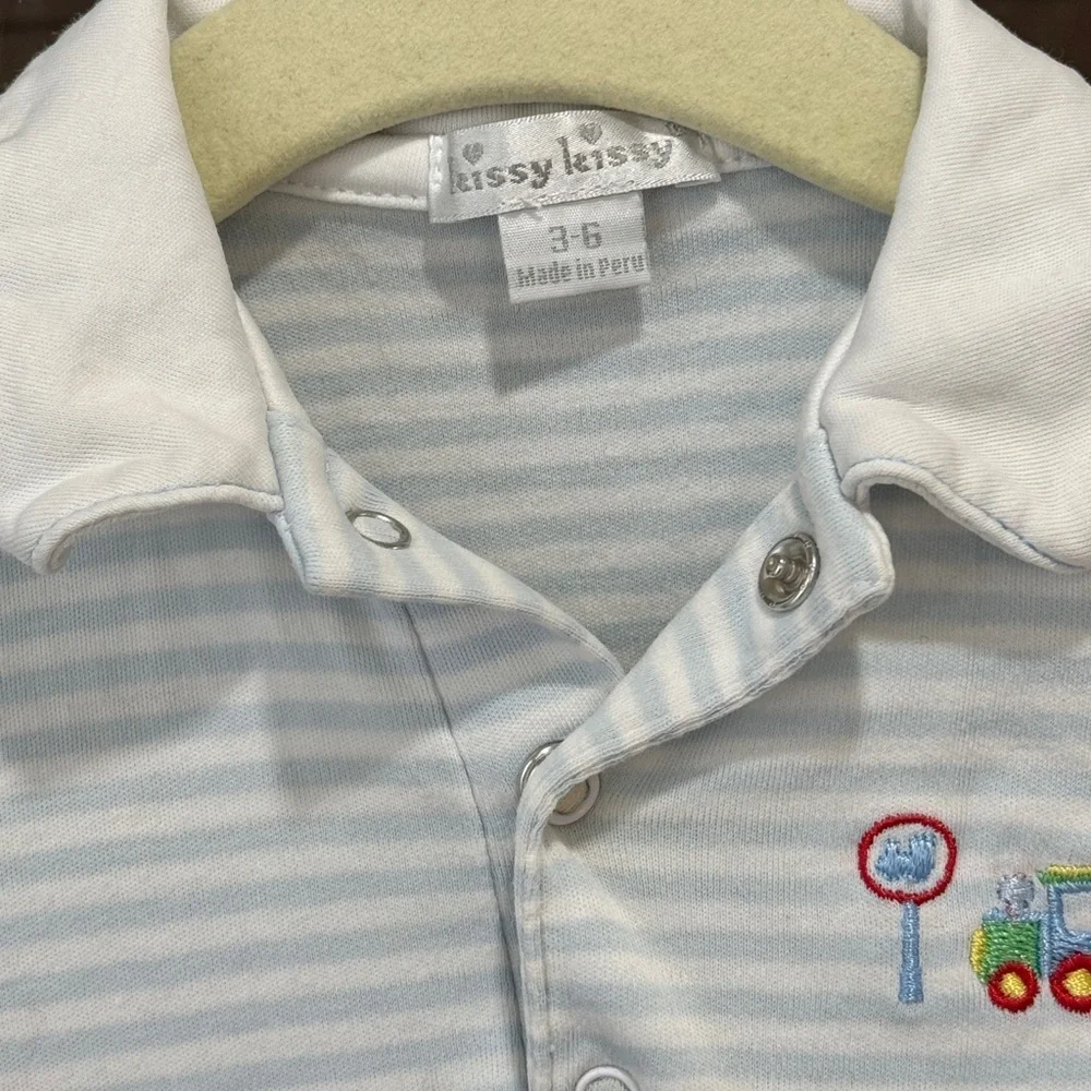 Kissy Kissy embroidered trains coverall henley pima striped collar polo pique